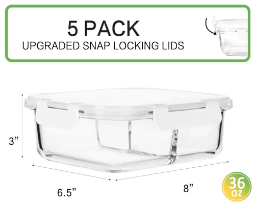 5-Pack 3-Compartment Glass Meal Prep Containers - 36oz Each, White
