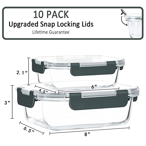 10-Pack Glass Meal Prep Containers with Snap Lock Lids