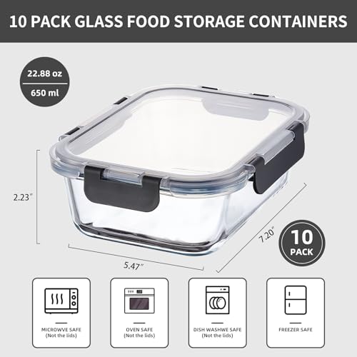 10 Pack Gray Reusable Glass Meal Prep Containers with Lids