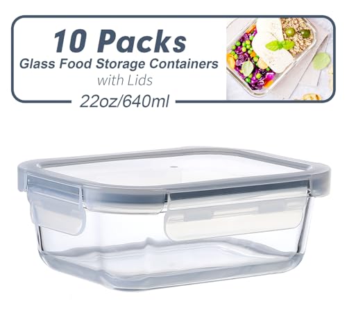 Reusable Glass Meal Prep Containers, 10 Pack, 22 oz, with Lids