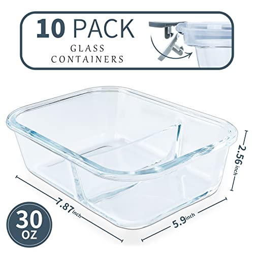 10-Pack 2-Compartment Glass Meal Prep Containers - Microwave Safe Lunch Storage