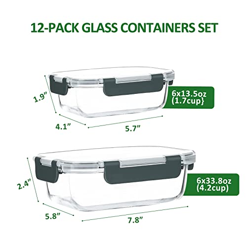 Gray Airtight Glass Lunch Containers Set - 12 Pack Microwave/Dishwasher Safe