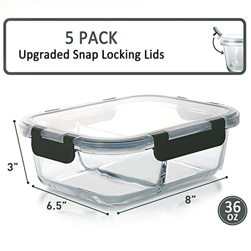 5-Pack 36 Oz Glass Meal Prep Containers with Snap Locking Lids