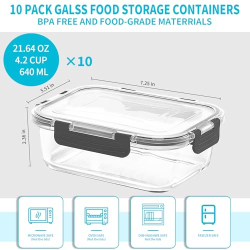 10-Pack 22oz Glass Meal Prep Containers for Lunch and Food Storage