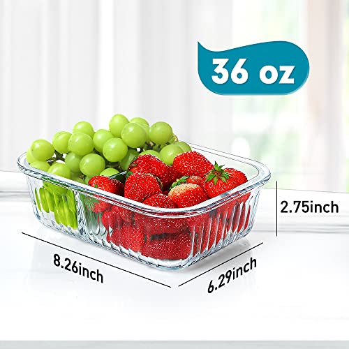 White Glass Meal Prep Containers with 2 Compartments (36 Oz Each) - Airtight Lids, Microwave & Dishwasher Safe, Freezer